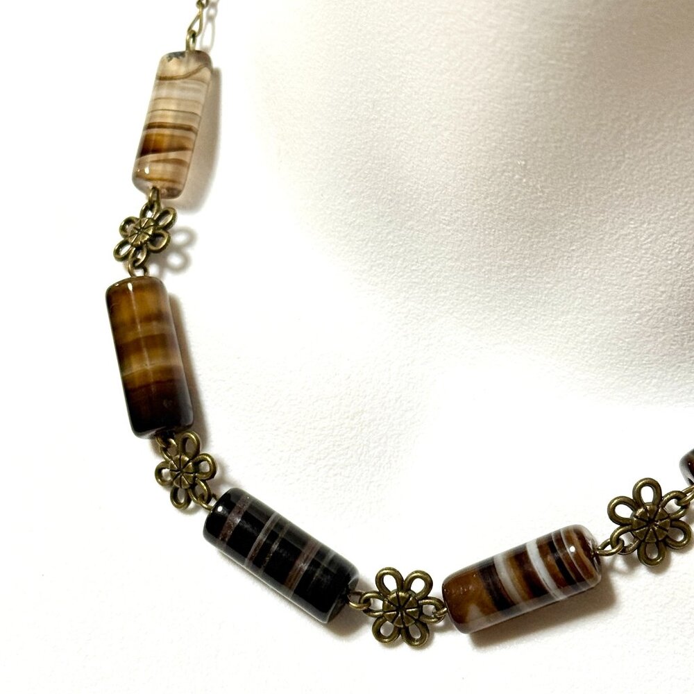 Earthy Eye Agate Flower Bib Necklace, Genuine Gemstones & Bronze Chain